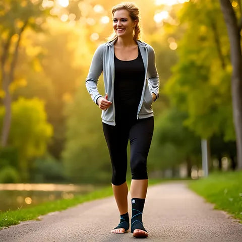 Verified buyer Alice M walking comfortably with StrideRelief foot sleeve